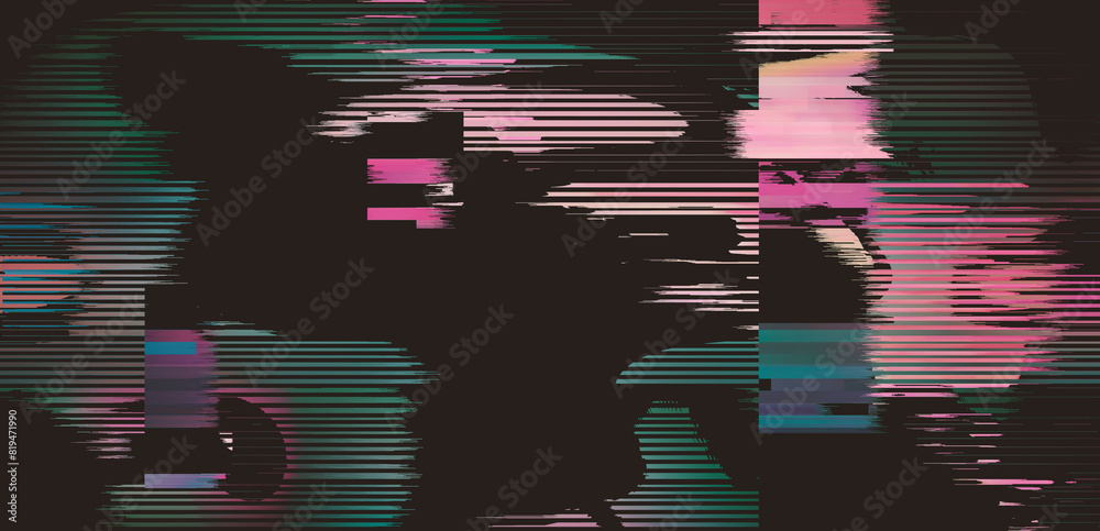 Poster Dark screen with glitchy lines and pixels. Video distortion effect concept.