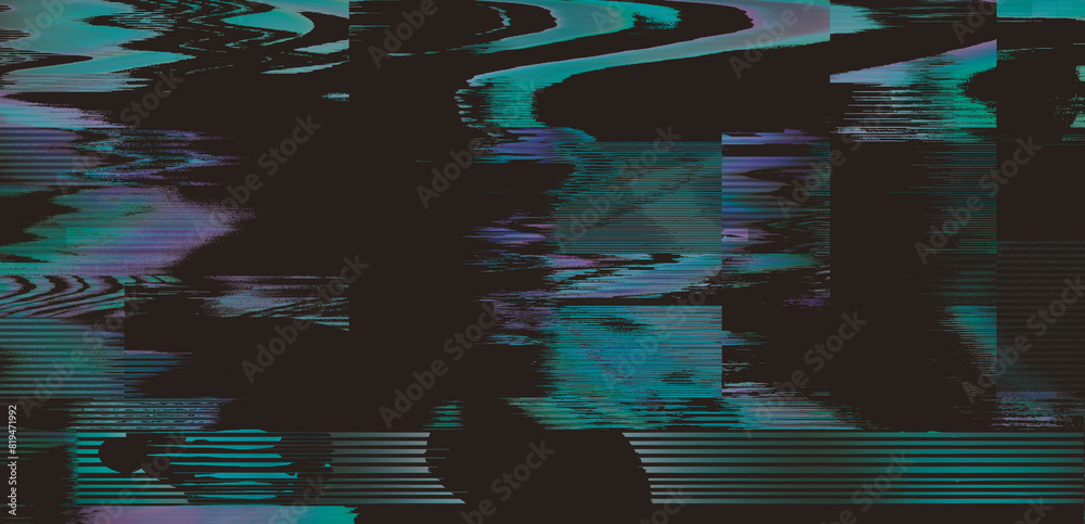 Poster Dark screen with glitchy lines and pixels. Video distortion effect concept.