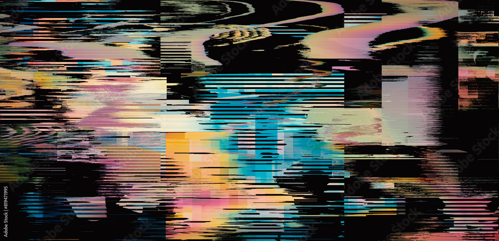 Poster Dark screen with glitchy lines and pixels. Video distortion effect concept.