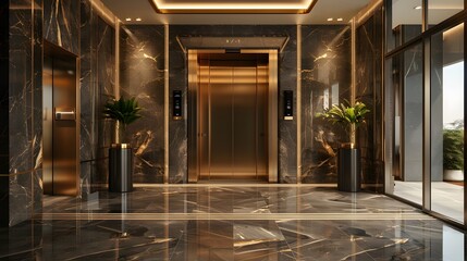 The resort hotel hall elevator entrance had dark brown marble walls with gold highlights and white...