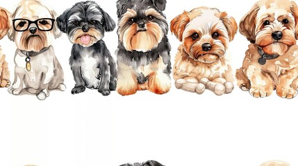 smiling cute funny 5 different dogs, watercolor illustration, one dog is wearing glassess, one dog is wearing a scaft, one dog is playing with bone 