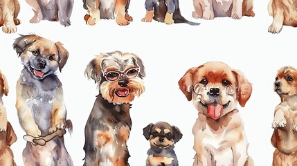 smiling cute funny 5 different dogs, watercolor illustration, one dog is wearing glassess, one dog is wearing a scaft, one dog is playing with bone