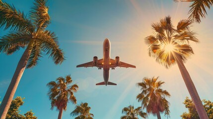 Airplane flying above palm trees in clear sunset sky with sun rays
