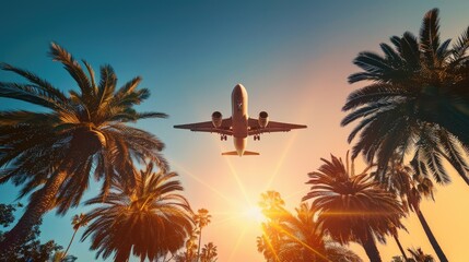 Airplane flying above palm trees in clear sunset sky with sun rays