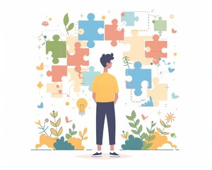 Man standing in front of abstract jigsaw puzzle pieces, symbolizing problem-solving, creativity, and brainstorming.