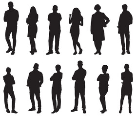 Vector silhouettes of men and a women, a group of business people, black and white color isolated on white background