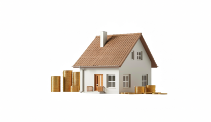 Photo of a house model next to stacks of gold coins on transparent background, png.