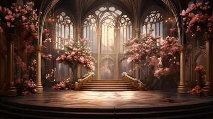 Fototapeta premium elegant podium background with floral decorations, in a luxurious ballroom with chandeliers and grand drapes, atmosphere of elegance and celebration