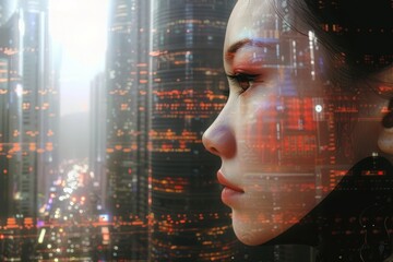 Profile of a woman with cityscape in the background, showcasing modern urban life and technology integration, reflecting the future city.