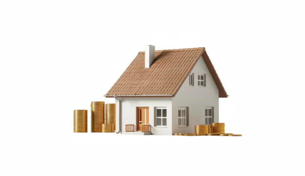 Photo of a house model next to stacks of gold coins on transparent background, png.