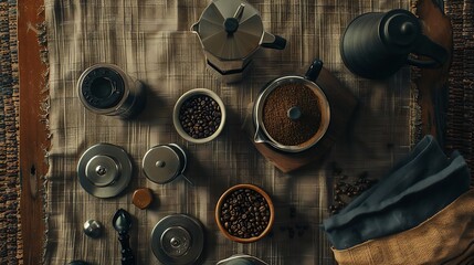 Rustic Coffee-making Flat Lay with Beans, French Press, and Grinder on Textured Tablecloth