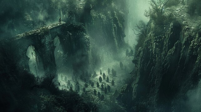 Orpheus enchanting the underworld from above, shadowy figures and eerie landscapes , high resolution