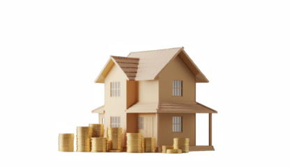 Photo of a house model next to stacks of gold coins on transparent background, png.