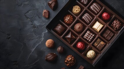Top view of a chocolate box with various chocolates on a dark background, presented in a flat lay style.
