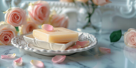 A close-up photo of a rectangular white ceramic soap dish holding a bar of soap. The soap is rectangular and white with a floral pattern on top