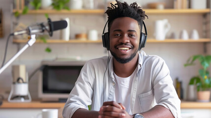 Young African American man with headphones, smiling as he records a podcast at a kitchen table, modern home background - Powered by Adobe