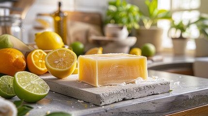 A bright lemon soap bar placed on a kitchen counter, surrounded by various citrus fruits and potted plants