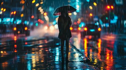 girl stands on the street at night while it is raining