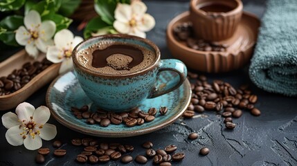 Fototapeta premium Luxury spa offering skinrejuvenating coffee, tranquil setting, plush robes , DALL-E 2
