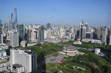 Fototapeta premium Panorama view of the Jing'An district in Shanghai, bird's eye view from a hotel lounge area