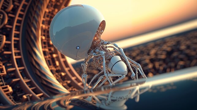 Futuristic Abstract Robot in Fantasy Sci-Fi Interior with Panoramic View of Alien Alien at Sunset