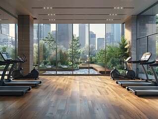 Office gym with modern equipment, active break, city view, morning workout , Stable Diffusion