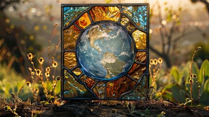 square stained glass panel with circular earth, pale colours with slub glass, minimalism