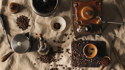 Delightful Coffee Lover's Flat Lay: Aesthetic Composition of Coffee Beans, French Press, and Grinder on Textured Tablecloth