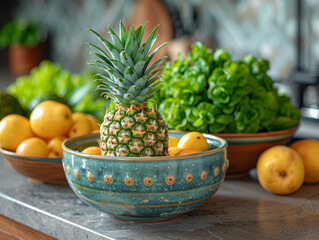 A bowl of fruit with pineapple on a kitchen counter in the morning sun. 