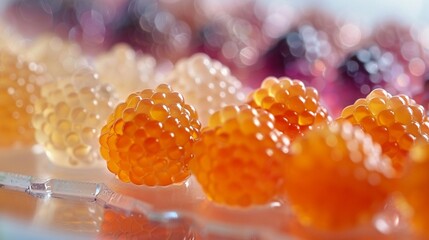 Molecular gastronomy, caviar spheres, sophisticated presentation, closeup , vibrant color