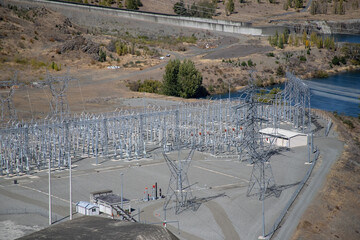 Hydroelectric power station in the mountains on the river Renewable energy, environment issues, green technologies.
