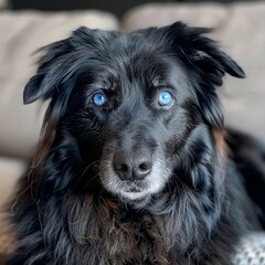 Middle-aged dog, blue eyes, black fur, realistic photo