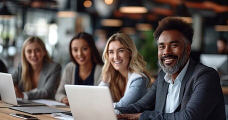A diverse group of coworkers collaborating in a modern office setting, multicultural business people