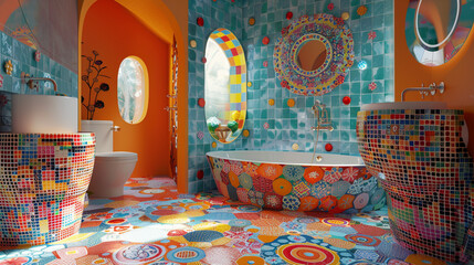 Whimsical bathroom with colorful mosaic tiles and playful accents.