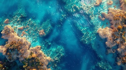 Flying over the Red Sea coral reefs, rich underwater biodiversity, clear waters , high resolution