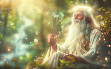 Mystical Serenity: The Enchanted Forest Abode of a Smiling Ancient Wizard