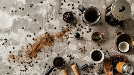 Morning Coffee Inspiration: Flat Lay of Fresh Coffee Beans and Brewing Equipment on Textured Tablecloth