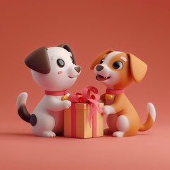 Two adorable cartoon puppies happily presenting a gift box together on a warm orange background.