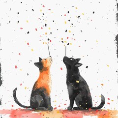 Two adorable cats celebrating with confetti, festive and playful illustration, ideal for cheerful, celebratory content.