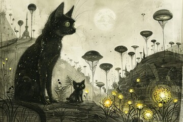Surreal illustration of two black cats in a mystical landscape under a full moon. Unique fantasy art scene with glowing flowers and strange plants.