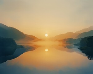 Serene sunrise over a calm lake with mountain reflections in tranquil morning mist, creating a peaceful and picturesque natural scene.