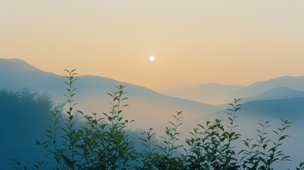 Serene sunrise over misty mountain landscape with lush greenery in the foreground and sun peeking through the hazy sky.