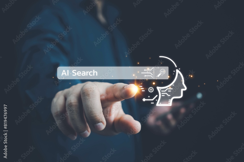 Poster ai tech, chatbot with ai, artificial intelligence, search engine, businessman using laptop connectio