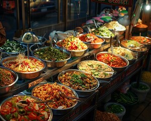Curry stall, variety of Thai curries, vibrant pots, busy evening, overhead light , Stable Diffusion