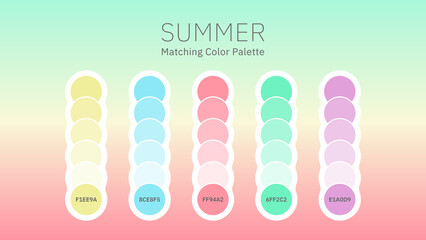 Set of Summer Color Palette Combination in RGB Hex. Matching color palette guide swatch catalog collection with RGB HEX color combinations. Suitable for Branding, fashion, home or interior design.