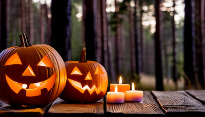Fototapeta premium Four pumpkins with smiling faces are sitting on the ground in a forest. Scene is cheerful and festive, as the pumpkins are associated with Halloween and the idea of a happy celebration