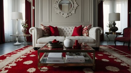 Richly decorated living room with a red and white floral tufting and an artistically styled alfombra olla.