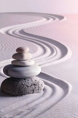 Zen Inspired Minimalist Garden with Raked Sand and Smooth Stones in Serene Pastel Tones
