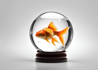 A goldfish floating inside a glass sphere against a white background.