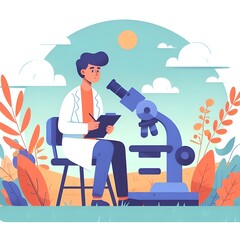 A young scientist records data next to a microscope in an outdoor field laboratory